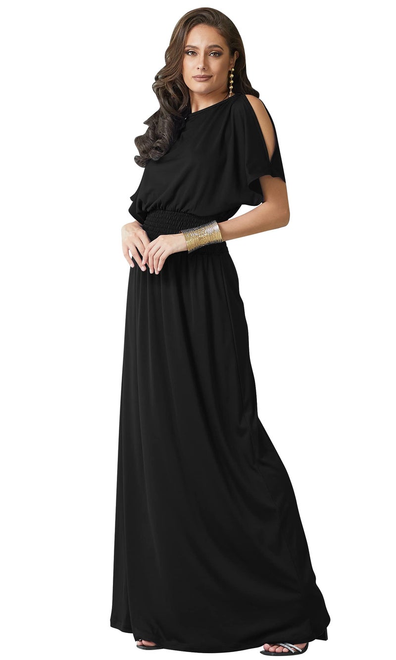 KOH KOH Plus Size Womens Long Flowy Short Sexy Slit Sleeve Casual Summer Modest Full Floor Length Boat Neck Soft Tall Mother Bride Groom Maxi Dress Dresses Gown Gowns, Black 3XL 22-24 - Image 1